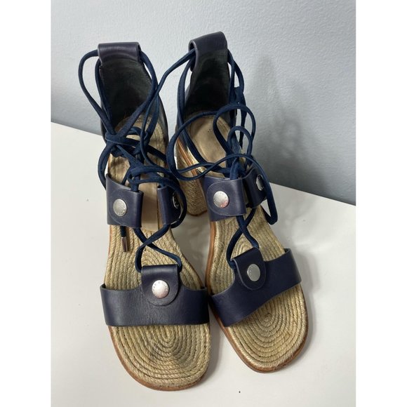 RAG & BONE Navy Eden Leather Raffia Lace-Up Sandal - Picture 5 of 12